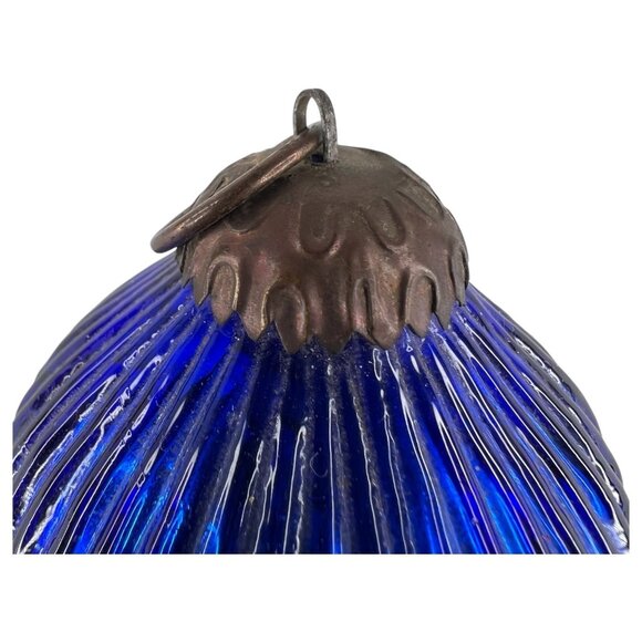 3 Modern Kugel Style Glass Christmas Tree Ornaments Ribbed Red Blue Metal Caps - Picture 9 of 12